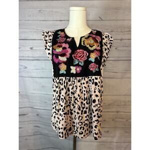 Savanna Jane Boho Animal Print Floral Embroidered Gauze Top Medium